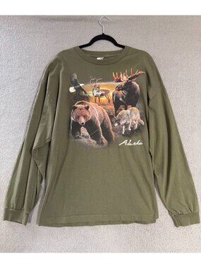 Vintage Y2K Alstyle Alaska Wildlife 2XL Long Sleeve Bear Moose Wolf Shirt
